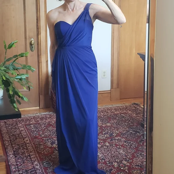 xscape one shoulder blue dress Xscape One Shoulder Sheath Side Ruffle Long Mother of the Bride Dress, Womens, 8, Slate